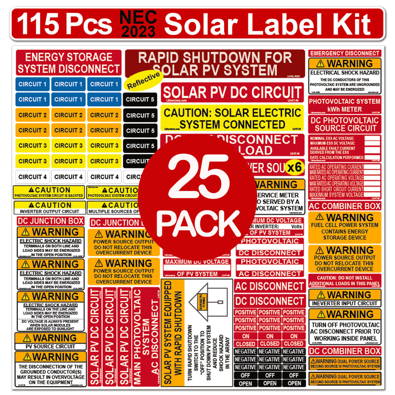 Ultimate 115 pack 2017/2020/2023 NEC Code Compliant Photovoltaic Solar System Label Kit Electrical Panel Safety Stickers Outdoor Rated Laminated Strong Adhesive Durable Waterproof