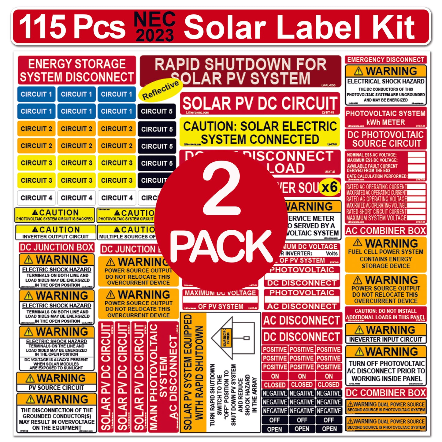 Ultimate 115 pack 2017/2020/2023 NEC Code Compliant Photovoltaic Solar System Label Kit Electrical Panel Safety Stickers Outdoor Rated Laminated Strong Adhesive Durable Waterproof
