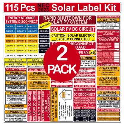 Ultimate 115 pack 2017/2020/2023 NEC Code Compliant Photovoltaic Solar System Label Kit Electrical Panel Safety Stickers Outdoor Rated Laminated Strong Adhesive Durable Waterproof