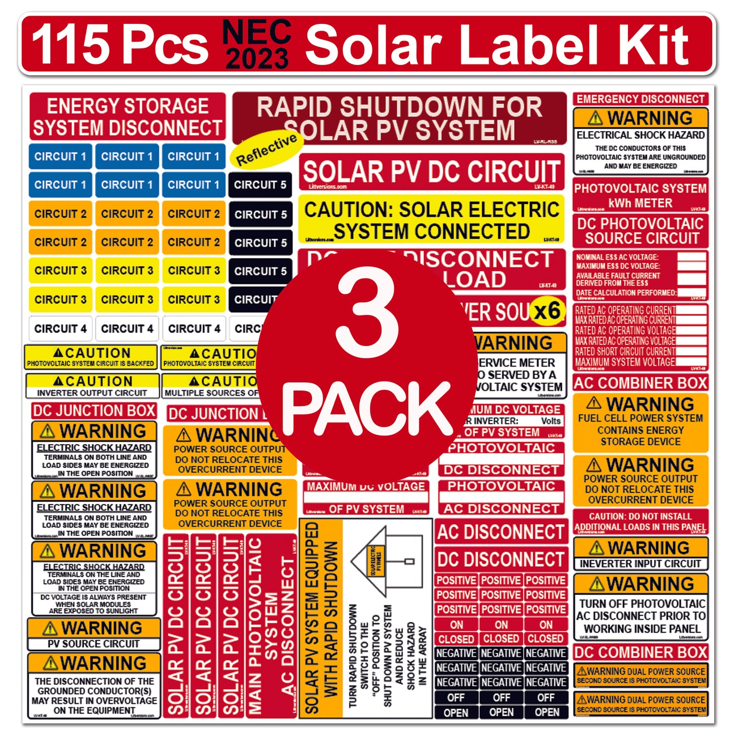 Ultimate 115 pack 2017/2020/2023 NEC Code Compliant Photovoltaic Solar System Label Kit Electrical Panel Safety Stickers Outdoor Rated Laminated Strong Adhesive Durable Waterproof