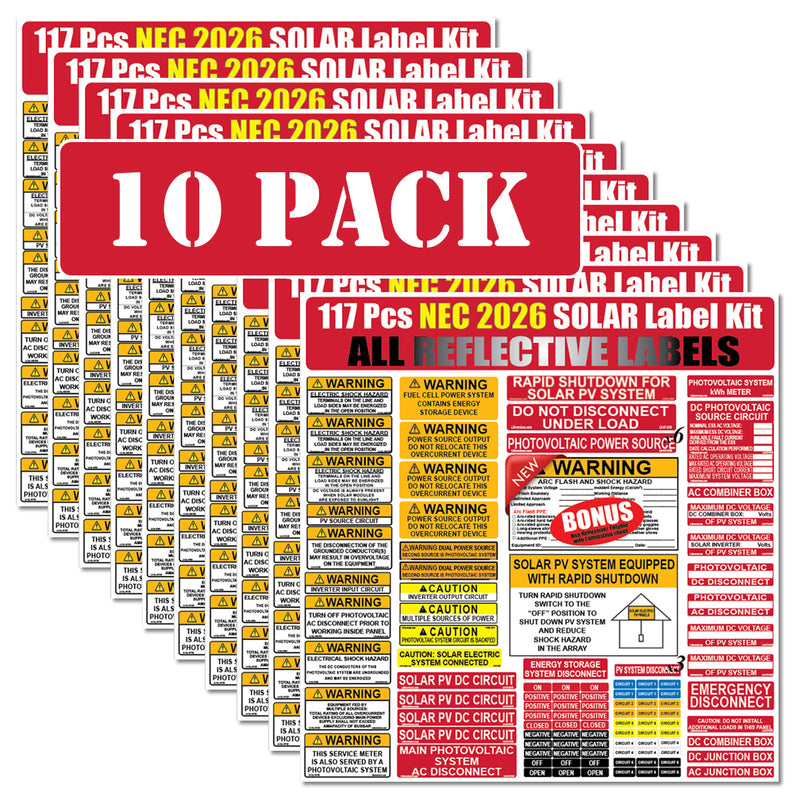 117 Pack Reflective NEC 2026/2023/2020/2017 Code Compliant Photovoltaic (PV) Solar Panel Label Kits Electrical Panel Safety Stickers Outdoor Rated Waterproof Laminated