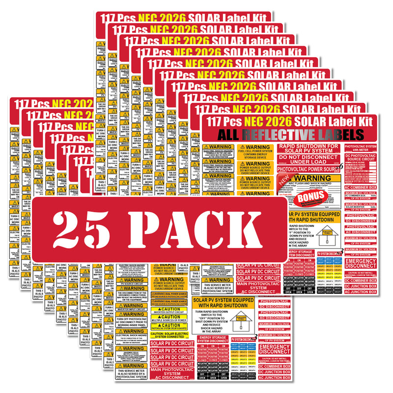117 Pack Reflective NEC 2026/2023/2020/2017 Code Compliant Photovoltaic (PV) Solar Panel Label Kits Electrical Panel Safety Stickers Outdoor Rated Waterproof Laminated