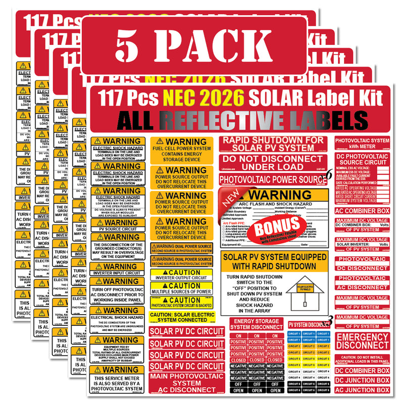 117 Pack Reflective NEC 2026/2023/2020/2017 Code Compliant Photovoltaic (PV) Solar Panel Label Kits Electrical Panel Safety Stickers Outdoor Rated Waterproof Laminated