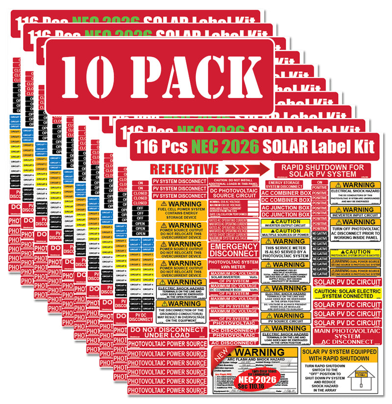 116 Pack NEC 2026/2023/2020/2017 Code Compliant Photovoltaic (PV) Solar Panel Label Kits Electrical Panel Safety Stickers Outdoor Rated Waterproof Laminated