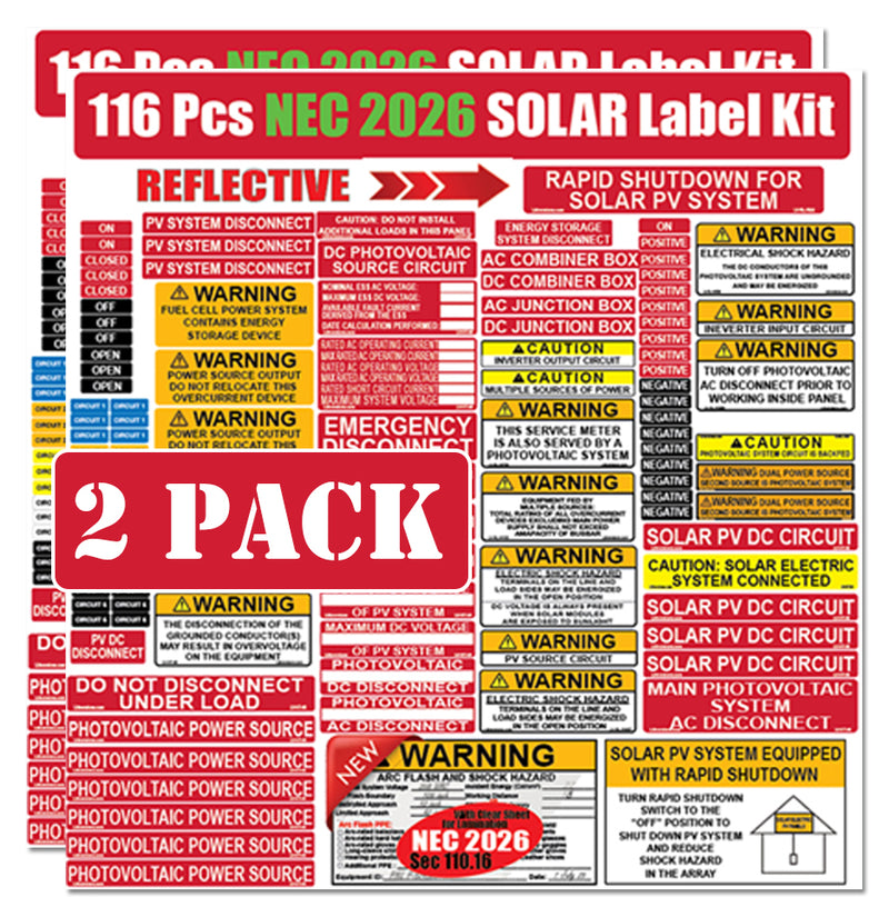 116 Pack NEC 2026/2023/2020/2017 Code Compliant Photovoltaic (PV) Solar Panel Label Kits Electrical Panel Safety Stickers Outdoor Rated Waterproof Laminated