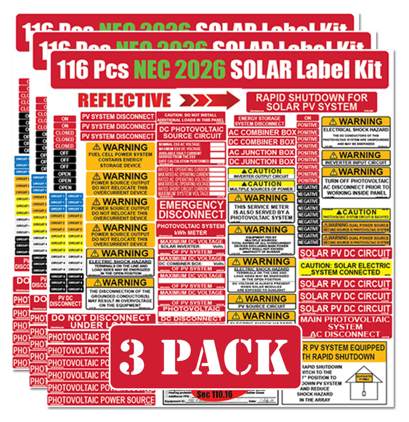 116 Pack NEC 2026/2023/2020/2017 Code Compliant Photovoltaic (PV) Solar Panel Label Kits Electrical Panel Safety Stickers Outdoor Rated Waterproof Laminated