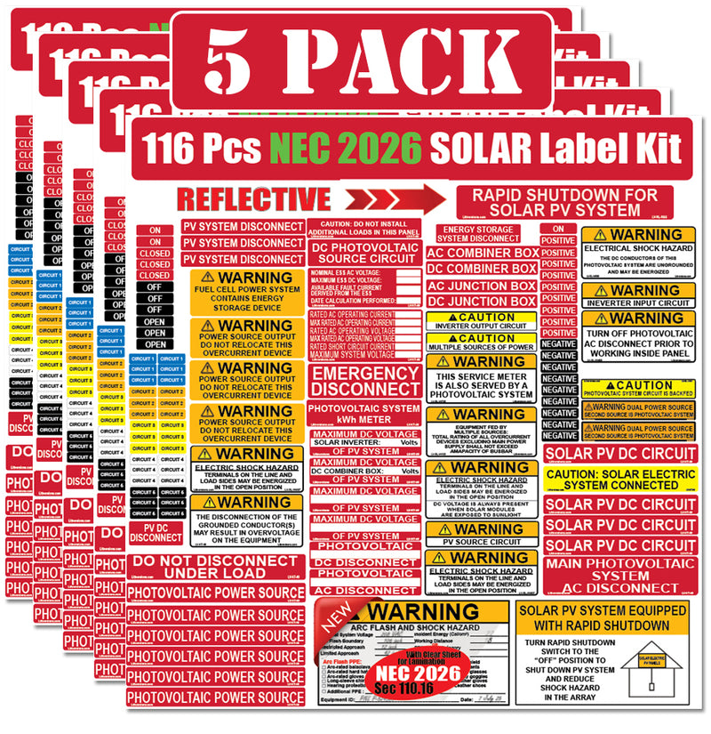 116 Pack NEC 2026/2023/2020/2017 Code Compliant Photovoltaic (PV) Solar Panel Label Kits Electrical Panel Safety Stickers Outdoor Rated Waterproof Laminated