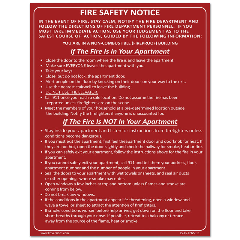 Emergency Preparedness Fire Safety Notice Red/White 6x9/8.5x11" Fireproof Building NYC HPD & FDNY Compliant Waterproof Vinyl Sticker Self-Adhesive Label Apartment Buildings, Fire Doors, & Walls