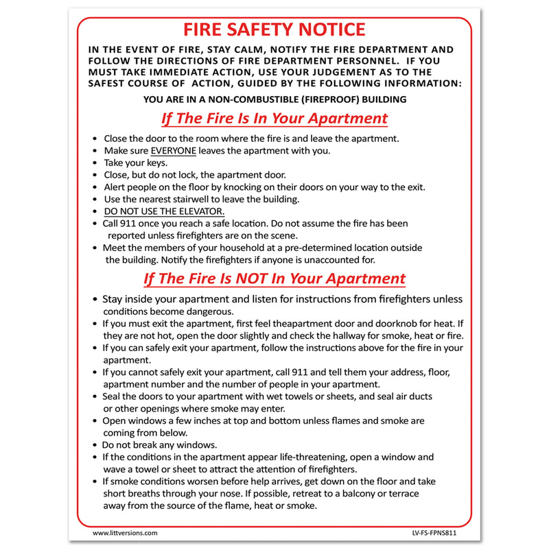 Emergency Preparedness Fire Safety Notice Red/White 6x9/8.5x11" Fireproof Building NYC HPD & FDNY Compliant Waterproof Vinyl Sticker Self-Adhesive Label Apartment Buildings, Fire Doors, & Walls