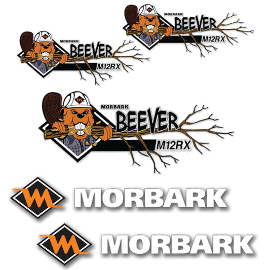 Morbark and Beaver M12RX Logo Stickers Decals Labels Set - Containing 2 Morbark logos & 3 Beaver M12RX logos