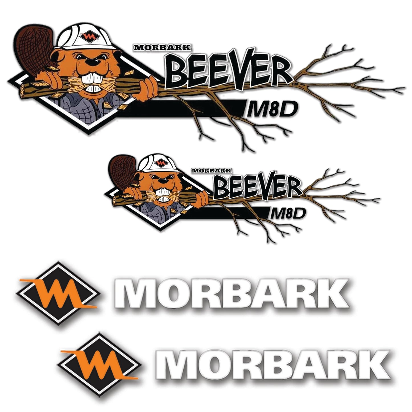 Morbark and Beaver M8D Logo Stickers Decals Labels Set - Containing 2 Morbark logos & 2 Beaver M8D logos