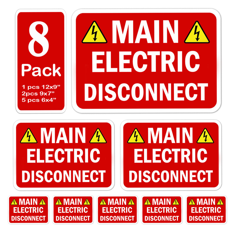 Assorted 8 Pack Main Electrical Disconnect Sticker Label Sign 12x9 9x12 9x7 7x9 6x4 3x2 2x3 inches