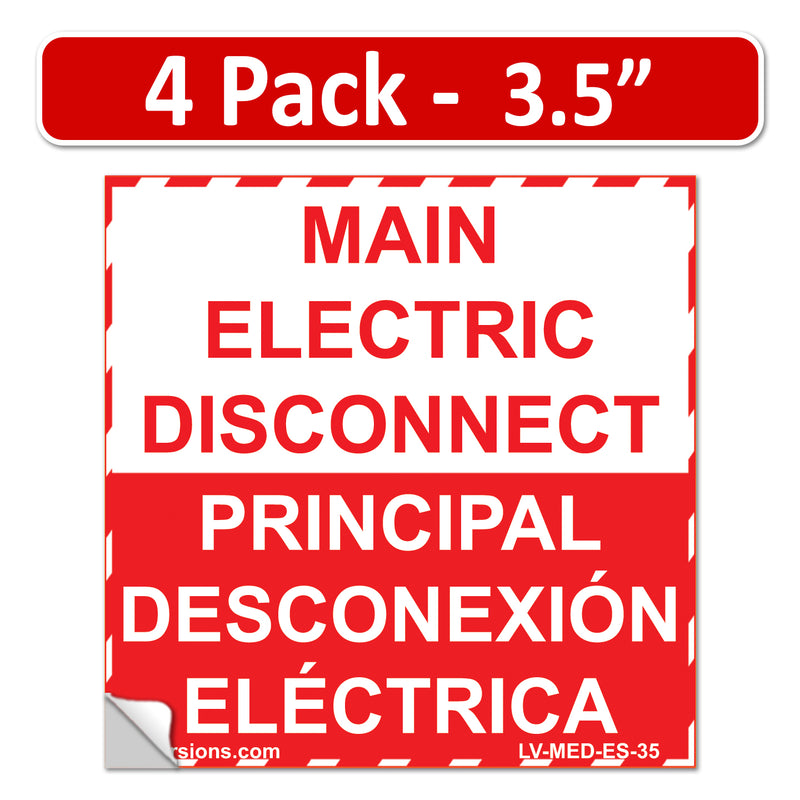 4 Pack 5" x 3.5" Main Electric Disconnect Bilingual Spanish Espanol Label Emergency Sign Sticker Vinyl