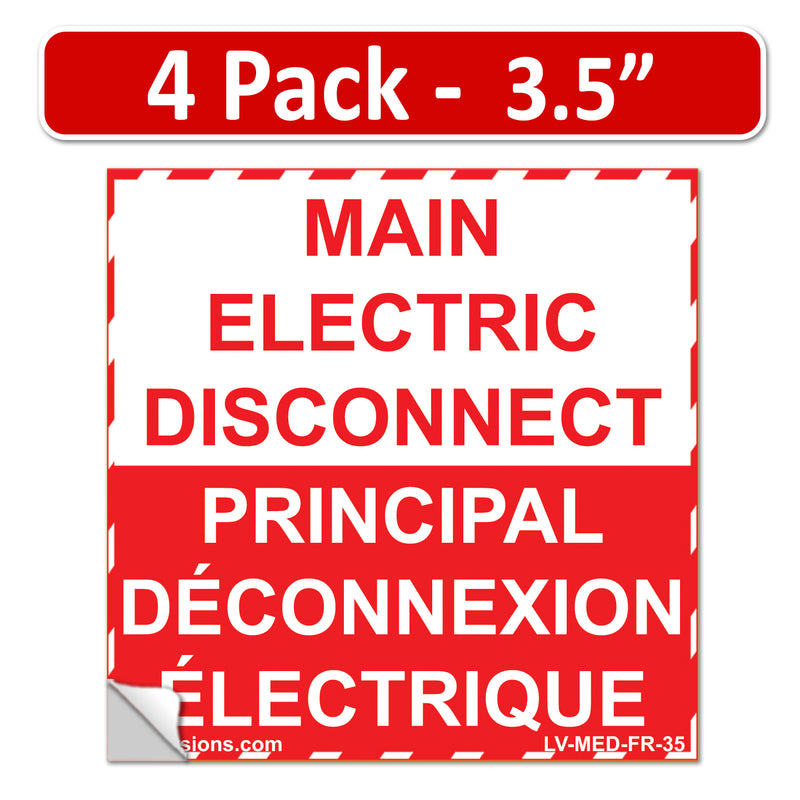 4 Pack 5" x 3.5" Main Electric Disconnect Bilingual French Français Labels Emergency Sign Notice Vinyl