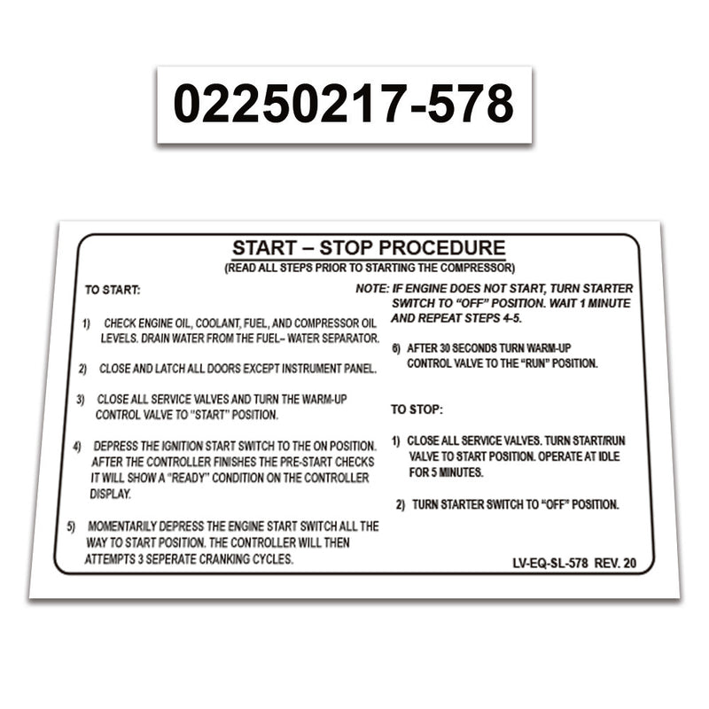 2 Pack Replacement for Sullair Air Compressor 185H T4 Kubota Decal Operation Instructions START-STOP Procedure Guide Sticker  02250217-578