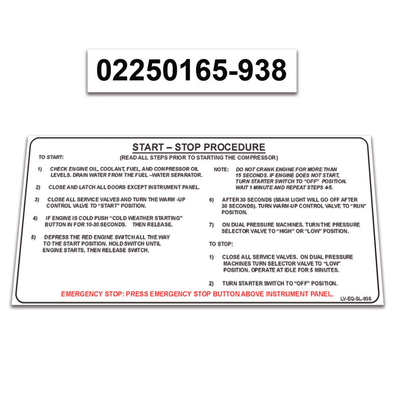 2 Pack Replacement for Sullair Air Compressor 300HH - 425 CFM CAT Decal Operation Instructions START-STOP Procedure Guide Sticker 02250165-938
