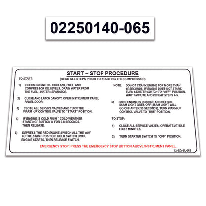 2 Pack Replacement for Sullair Air Compressor 185H Perkins Decal Operation &  START-STOP Procedure Instructions Sticker 02250140-065