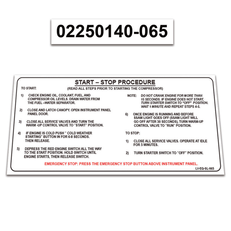 2 Pack Replacement for Sullair Air Compressor 185H Perkins Decal Operation &  START-STOP Procedure Instructions Sticker 02250140-065