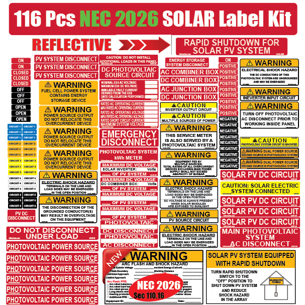 NEC 2026/2023/2020/2017 Code Compliant Photovoltaic (PV) Solar Panel Label Kits Electrical Panel Safety Stickers Outdoor Rated Waterproof Laminated