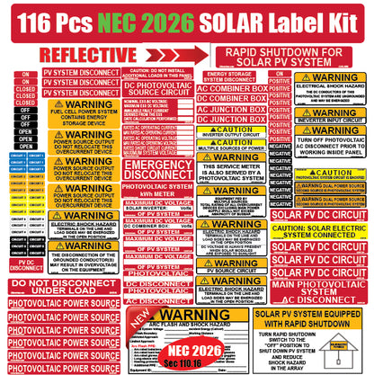 NEC 2026/2023/2020/2017 Code Compliant Photovoltaic (PV) Solar Panel Label Kits Electrical Panel Safety Stickers Outdoor Rated Waterproof Laminated
