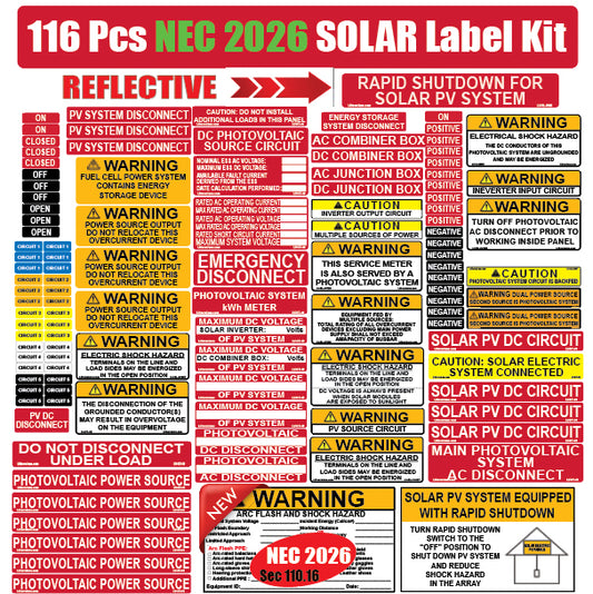 NEC 2026/2023/2020/2017 Code Compliant Photovoltaic (PV) Solar Panel Label Kits Electrical Panel Safety Stickers Outdoor Rated Waterproof Laminated