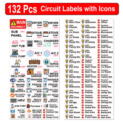 Littversions 132 Pcs Circuit Identification Labels Markers Stickers Decals with Icons