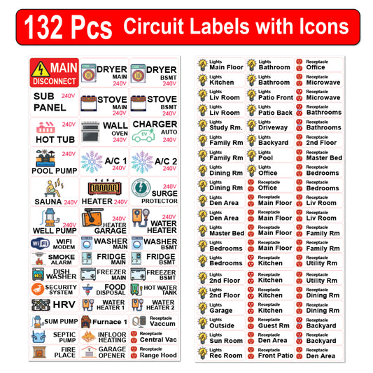 Littversions 132 Pcs Circuit Identification Labels Markers Stickers Decals with Icons