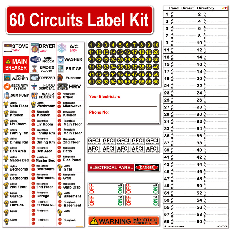 60 Circuits Bidirectional Circuit Breaker Directory Panel Label Kit with Fuse Stickers for Fuse Panel Marker Sticker Sign for Electrical Panel Strong Adhesive Durable Vinyl