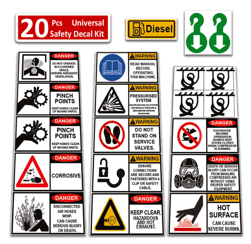 Universal Diesel/Petrol Small Air Compressor Decal & Sticker Kit | Suitable for Towable, Mobile, Portable and Stationary Units (150-750 CFM)