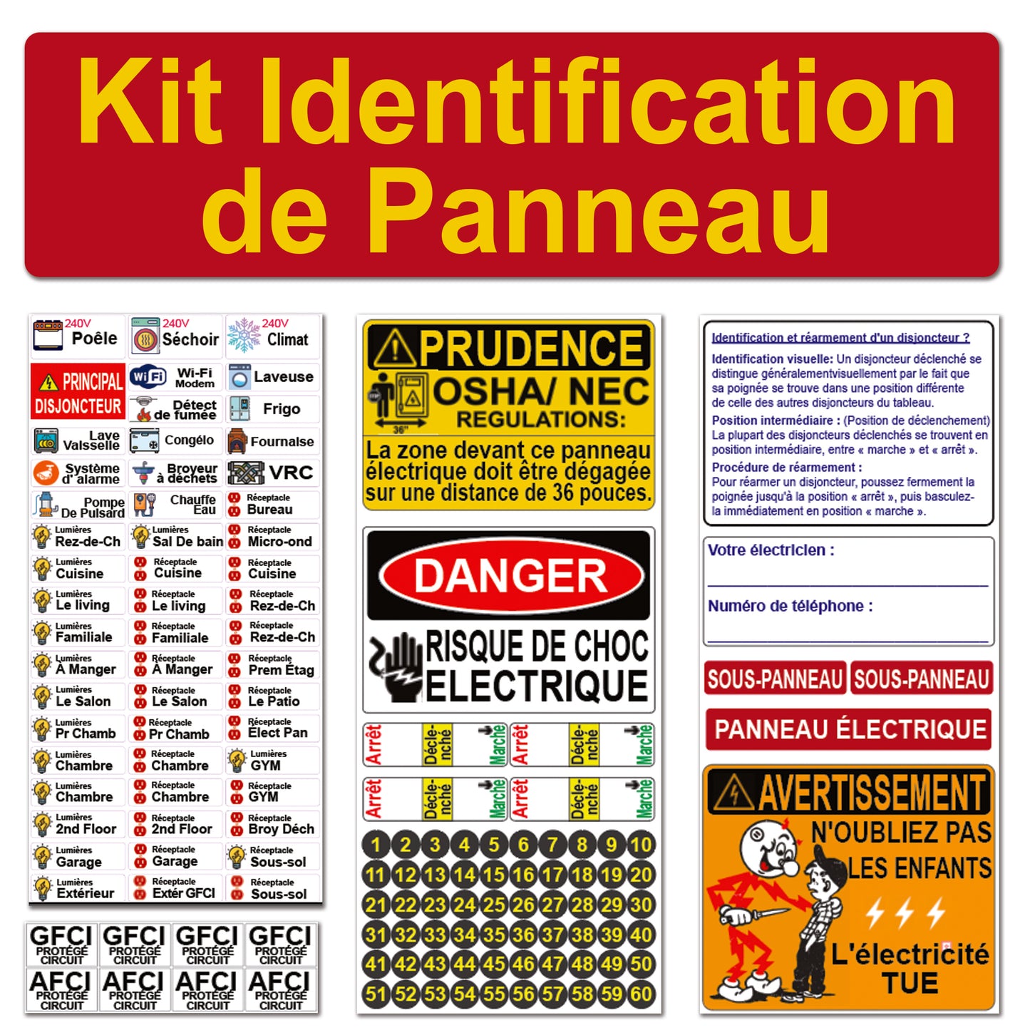 English/Spanish/French Universal Panel Marker Kit with Colored Icons for Electrical 60 Circuit Fuse Panel Directory Labels Stickers OSHA Kids Warning Danger Caution Strong Adhesive Household Vinyl Waterproof