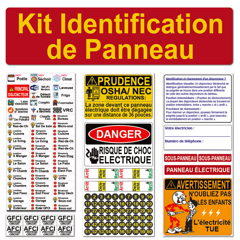 English/Spanish/French Universal Panel Marker Kit with Colored Icons for Electrical 60 Circuit Fuse Panel Directory Labels Stickers OSHA Kids Warning Danger Caution Strong Adhesive Household Vinyl Waterproof