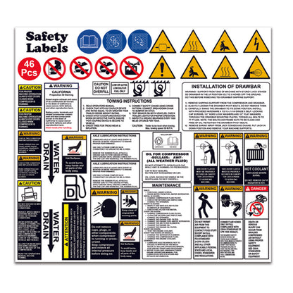 Safety Decal & Sticker Set Replacement for Sullair Air Compressors | Fits 185 - 425 CFM Portable Units