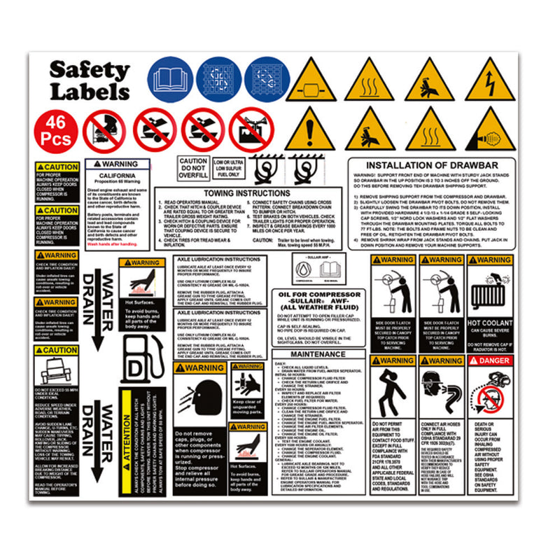 Safety Decal & Sticker Set Replacement for Sullair Air Compressors | Fits 185 - 425 CFM Portable Units