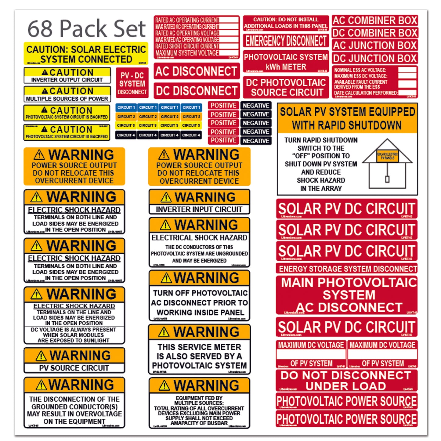 68 Pack 2017/2020/2023 NEC Code Compliant Photovoltaic Solar System Label Kit Electrical Panel Safety Stickers Outdoor Rated Laminated Strong Adhesive Waterproof