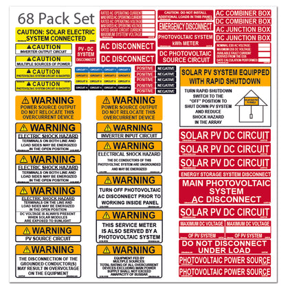 68 Pack 2017/2020/2023 NEC Code Compliant Photovoltaic Solar System Label Kit Electrical Panel Safety Stickers Outdoor Rated Laminated Strong Adhesive Waterproof
