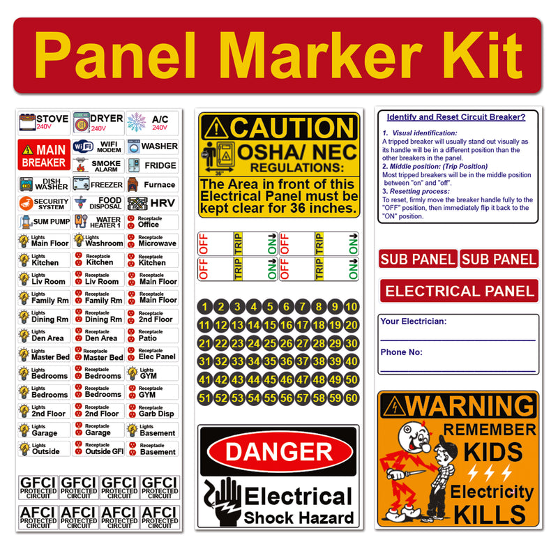English/Spanish/French Universal Panel Marker Kit with Colored Icons for Electrical 60 Circuit Fuse Panel Directory Labels Stickers OSHA Kids Warning Danger Caution Strong Adhesive Household Vinyl Waterproof