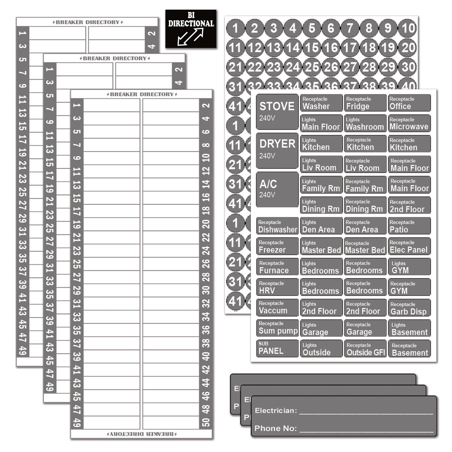 50 Circuits Bidirectional Circuit Breaker Directory Panel Label Kit with Fuse Stickers for Fuse Panel Marker Sticker Sign for Electrical Panel Strong Adhesive Durable Vinyl Waterproof