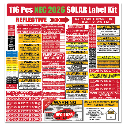 116 Pack NEC 2026/2023/2020/2017 Code Compliant Photovoltaic (PV) Solar Panel Label Kits Electrical Panel Safety Stickers Outdoor Rated Waterproof Laminated
