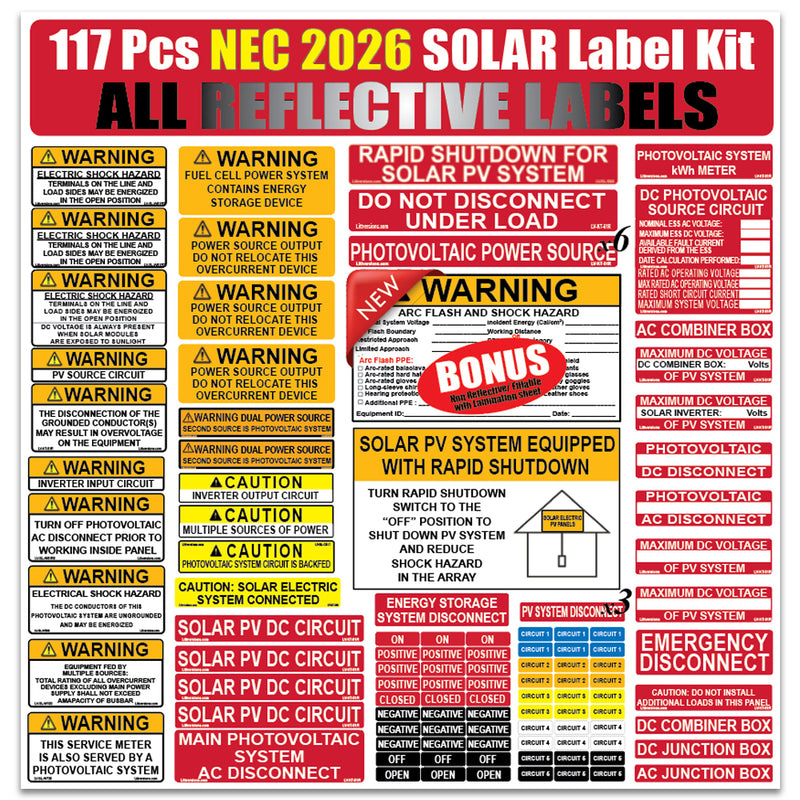 117 Pack Reflective NEC 2026/2023/2020/2017 Code Compliant Photovoltaic (PV) Solar Panel Label Kits Electrical Panel Safety Stickers Outdoor Rated Waterproof Laminated
