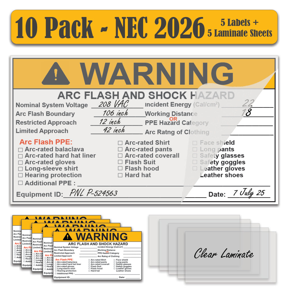 10 Pack 6.5" x4" NEC 2026 Compliant Vinyl Write-On Arc Flash Labels (Warning) Legend Warning Arc Flash and Shock Hazard Appropriate PPE Required Flash Protection Boundary 121085 121079