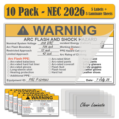 10 Pack 6.5" x4" NEC 2026 Compliant Vinyl Write-On Arc Flash Labels (Warning) Legend Warning Arc Flash and Shock Hazard Appropriate PPE Required Flash Protection Boundary 121085 121079