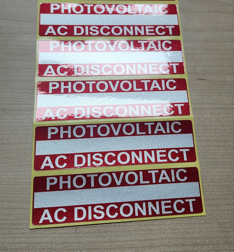 10 Pack 3.5"x 1" Reflective Solar 2017-2020-2023 NEC Compliant Outdoor Rated Laminated Photovoltaic AC Disconnect Labels Sticker 149837 UL-969 Standard 596-00852 596-00239