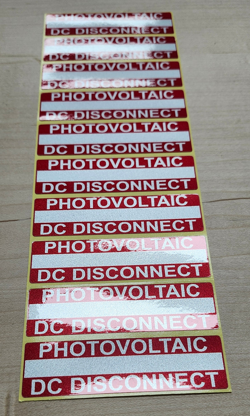 10 Pack 3.5"x 1" Reflective Solar 2017-2020-2023 NEC Compliant Outdoor Rated Laminated Photovoltaic DC Disconnect Labels Sticker 149861 UL-969 Standard 596-00854 596-00238