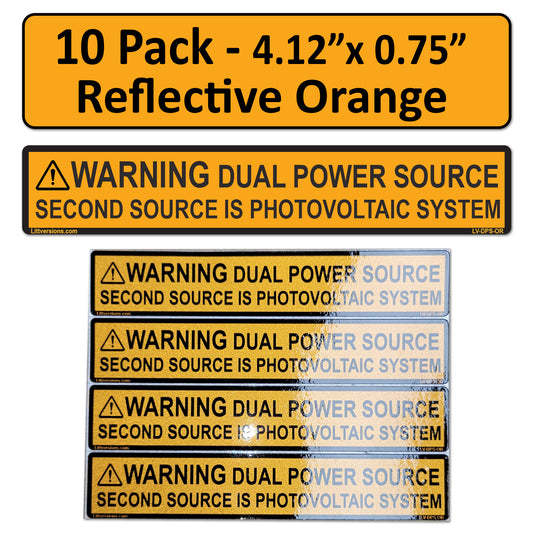 10 Pack 4.125"x 0.75" Reflective Outdoor Rated Laminated CA Solar NEC Compliant Warning Dual Power Source Photovoltaic PV System Labels Sticker 149887 596-00665 UL-969 Standard 596-00495