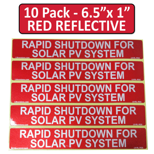 10 Pack 6.5"x1" Reflective Outdoor Rated Laminated Solar NEC Compliant Rapid Shutdown Solar PV System Labels Sticker Notice 596-01003 596-00890 Red 149848 2020-2023