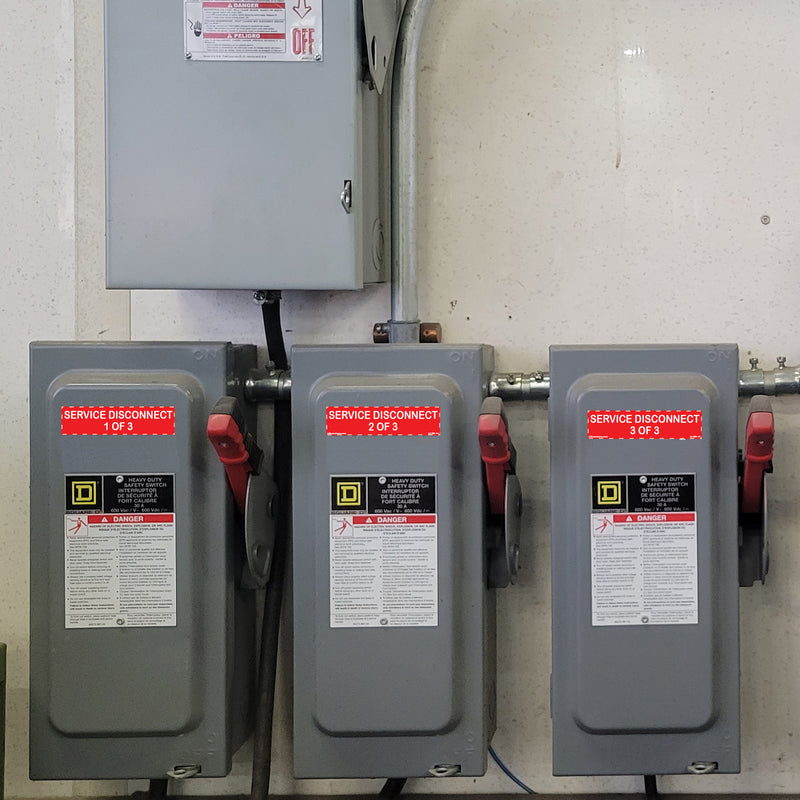 4"x1" 9 Pack Service Disconnects - 1of 3 & 2 of 3 & 3 of 3 Outdoor Rated Laminated Labels Emergency Danger Notice Vinyl Waterproof Electrical Panel