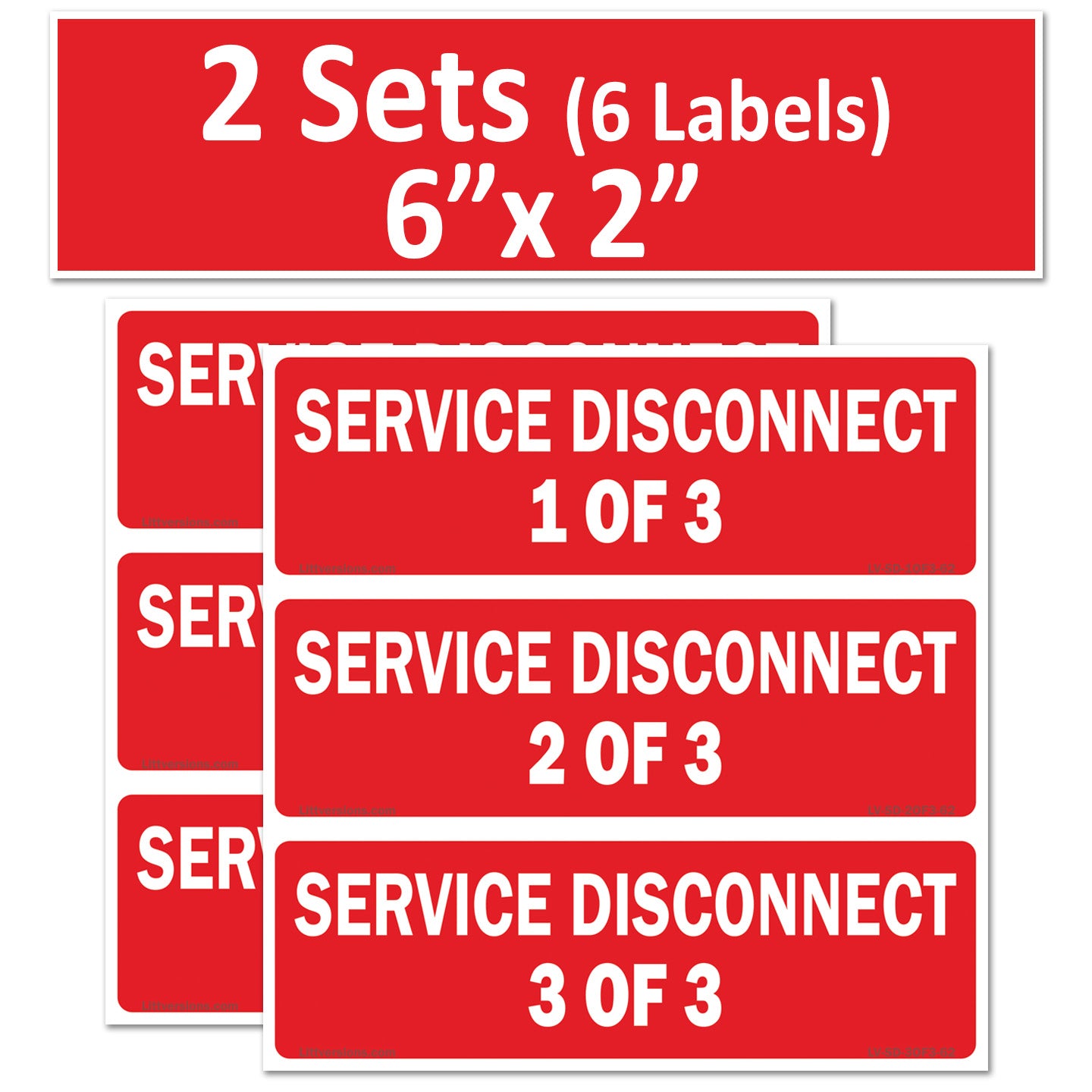 6"x2" 2-Pack Service Disconnects - 1of 3 & 2 of 3 & 3 of 3 Outdoor Rated Laminated Labels Emergency Danger Notice Vinyl Waterproof Electrical Panel