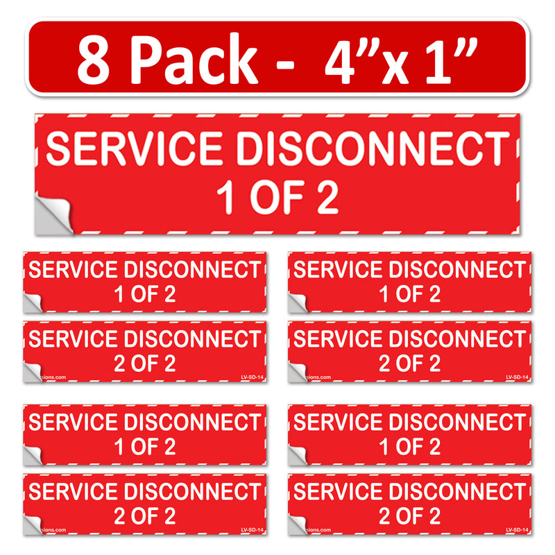 4"x1" 8 Pack Service Disconnects - 1 of 2 & 2 of 2 Outdoor Rated Laminated Labels Emergency Danger Notice Vinyl Waterproof Electrical Panel