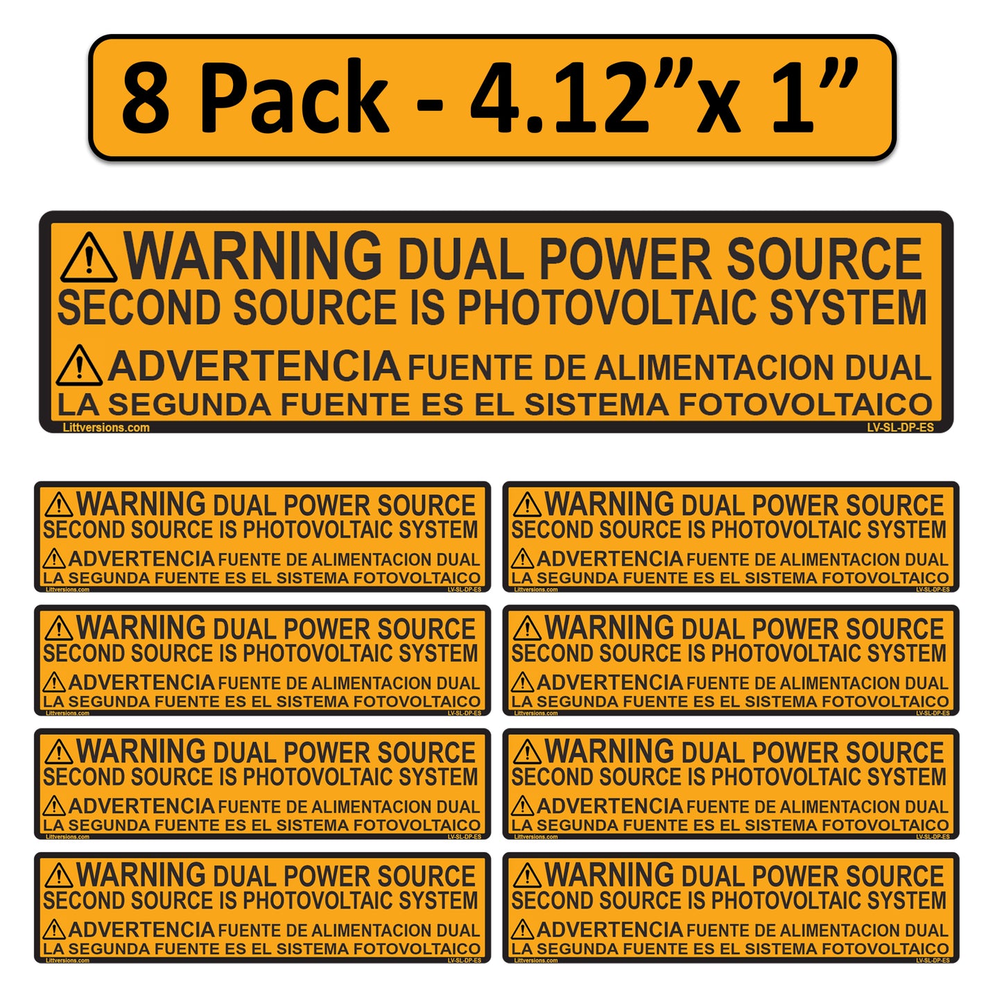 8 Pack 4.125"x 1" CA Outdoor Rated Laminated Labels Solar NEC Compliant Warning Dual Power Source Photovoltaic PV System OSHA UL-969 Standard Bilingual Spanish Waterproof