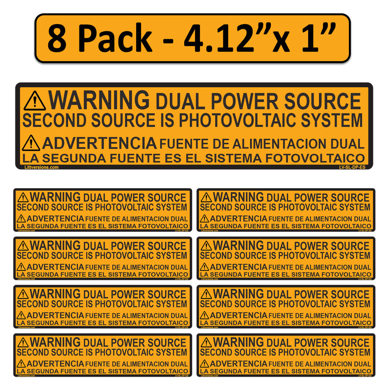 8 Pack 4.125"x 1" Outdoor Rated Laminated Labels Solar NEC Compliant Warning Dual Power Source Photovoltaic PV System OSHA UL-969 Standard Bilingual Spanish Waterproof